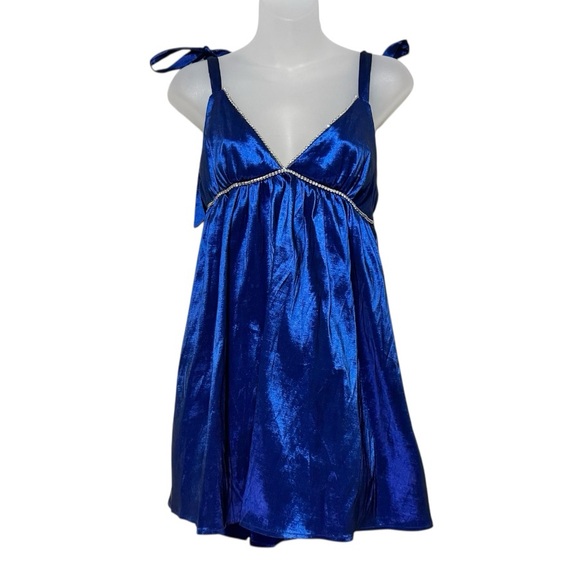 Lucy in the Sky Dresses & Skirts - Lucy in the Sky Shimmering Blue Backless Baby Doll Dress, Crystal Accents